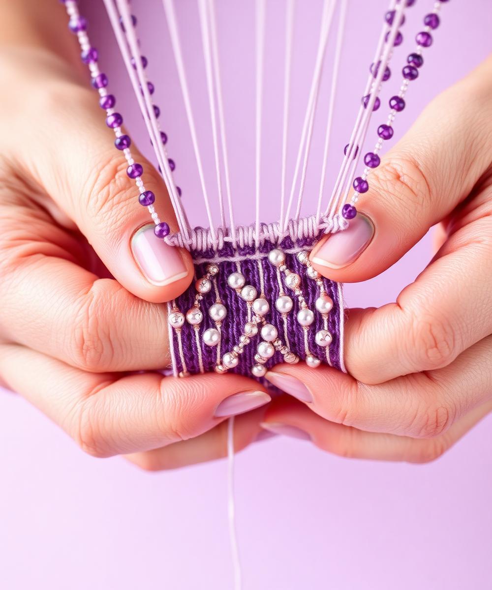 Hands weaving purple beadwork with fishing line